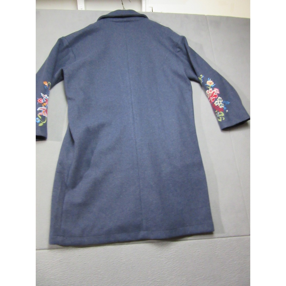 Trench Coat Jacket Women XL Blue Floral Vibrant Embroidered Longline Blazer - Picture 2 of 15